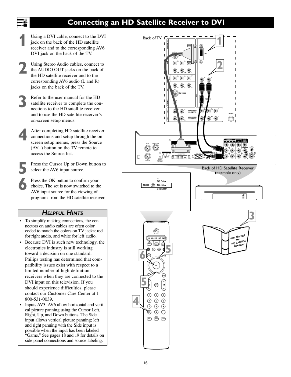 Connecting an hd satellite receiver to dvi, Elpful, Ints | Philips 55PL9774-37B User Manual | Page 16 / 80