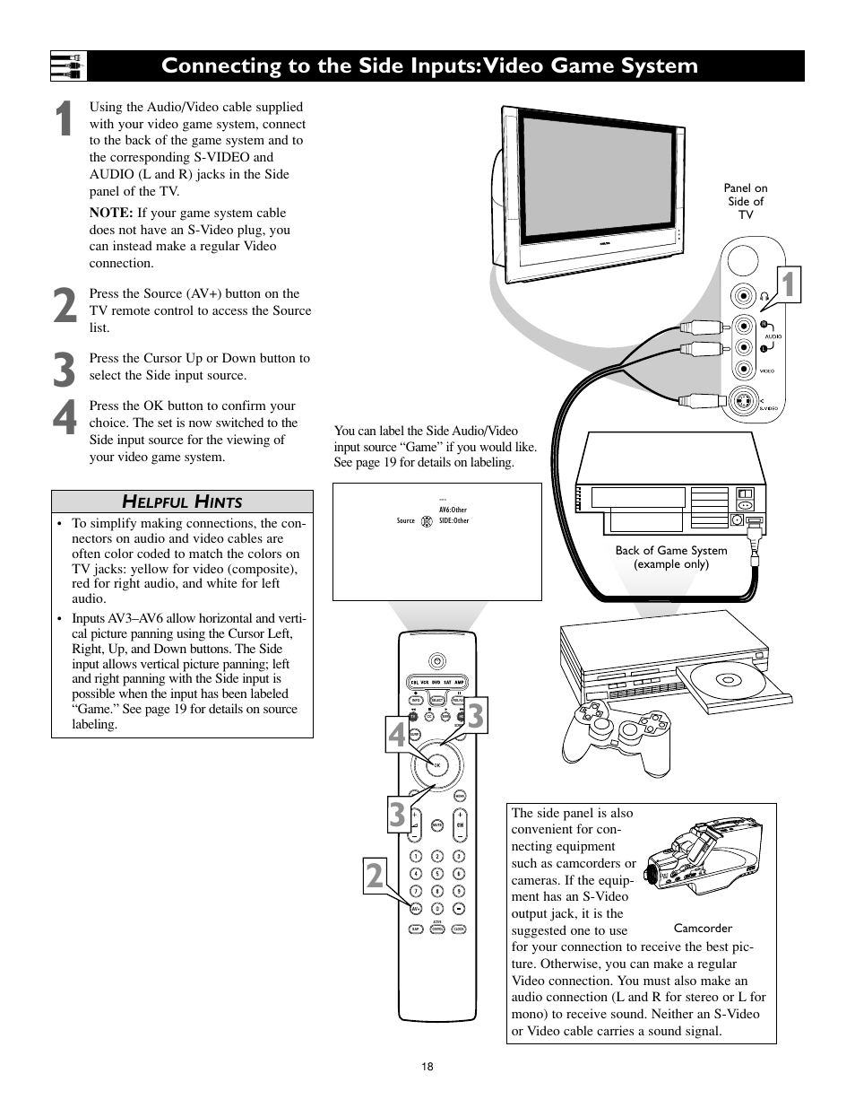 Connecting to the side inputs:video game system | Philips 55PL9774-37B User Manual | Page 18 / 80