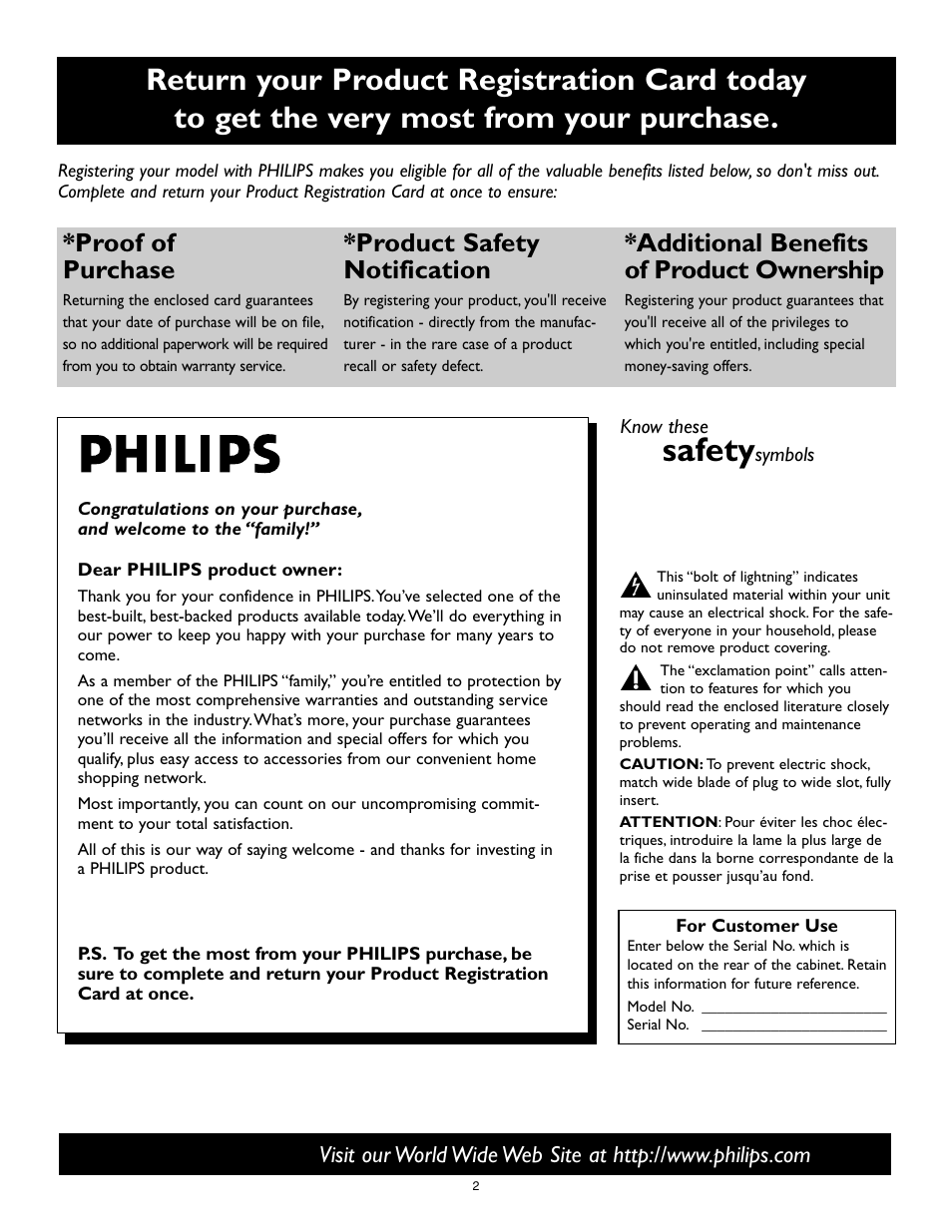 Safety, Proof of purchase, Product safety notification | Additional benefits of product ownership | Philips 55PL9774-37B User Manual | Page 2 / 80