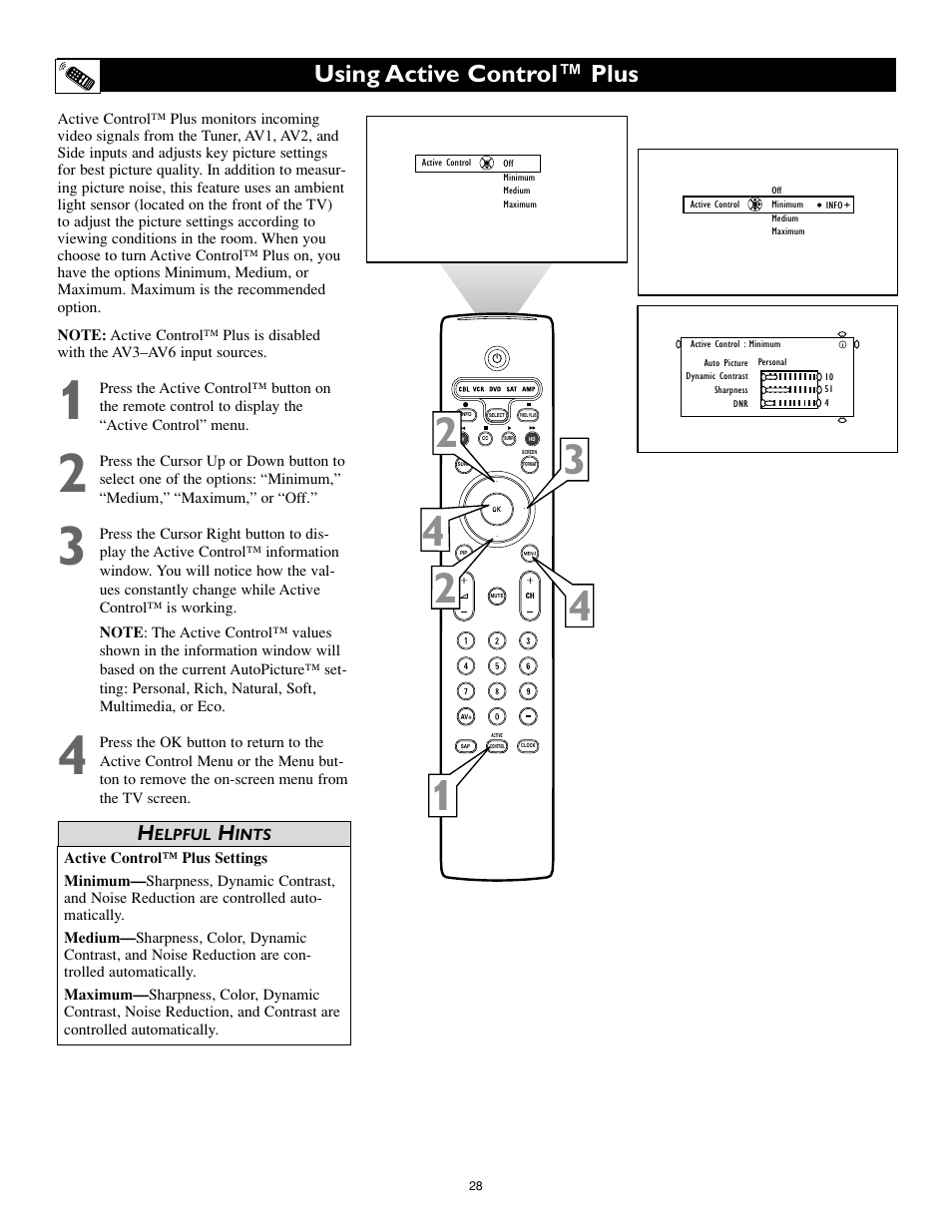 Using active control™ plus | Philips 55PL9774-37B User Manual | Page 28 / 80