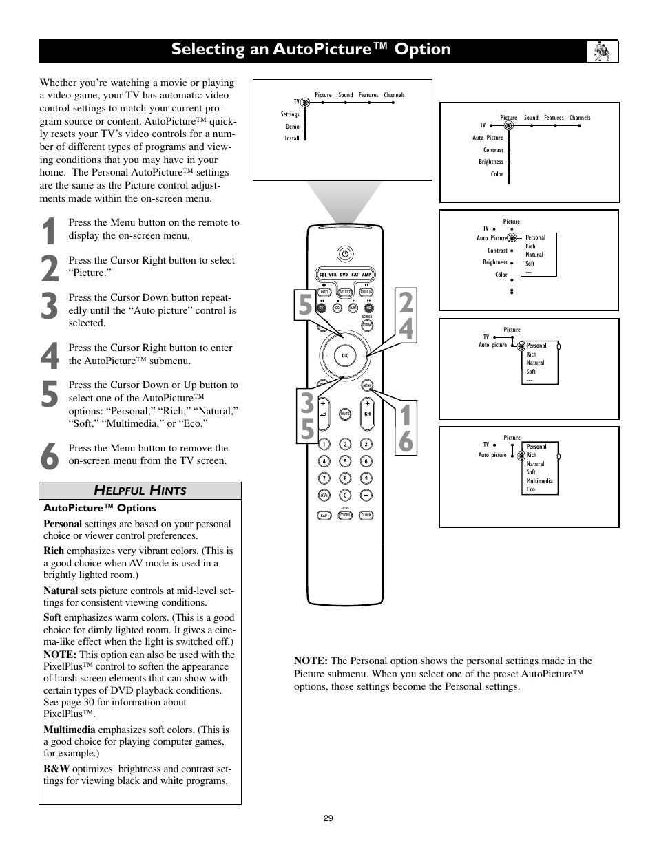 Selecting an autopicture™ option | Philips 55PL9774-37B User Manual | Page 29 / 80