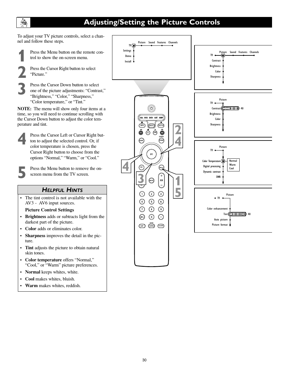 Adjusting/setting the picture controls | Philips 55PL9774-37B User Manual | Page 30 / 80