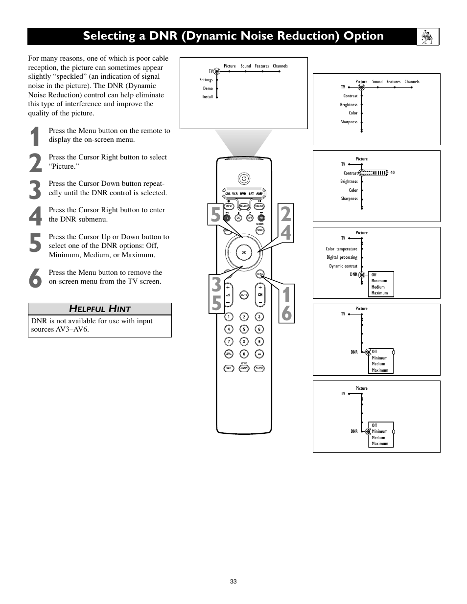 Selecting a dnr (dynamic noise reduction) option | Philips 55PL9774-37B User Manual | Page 33 / 80