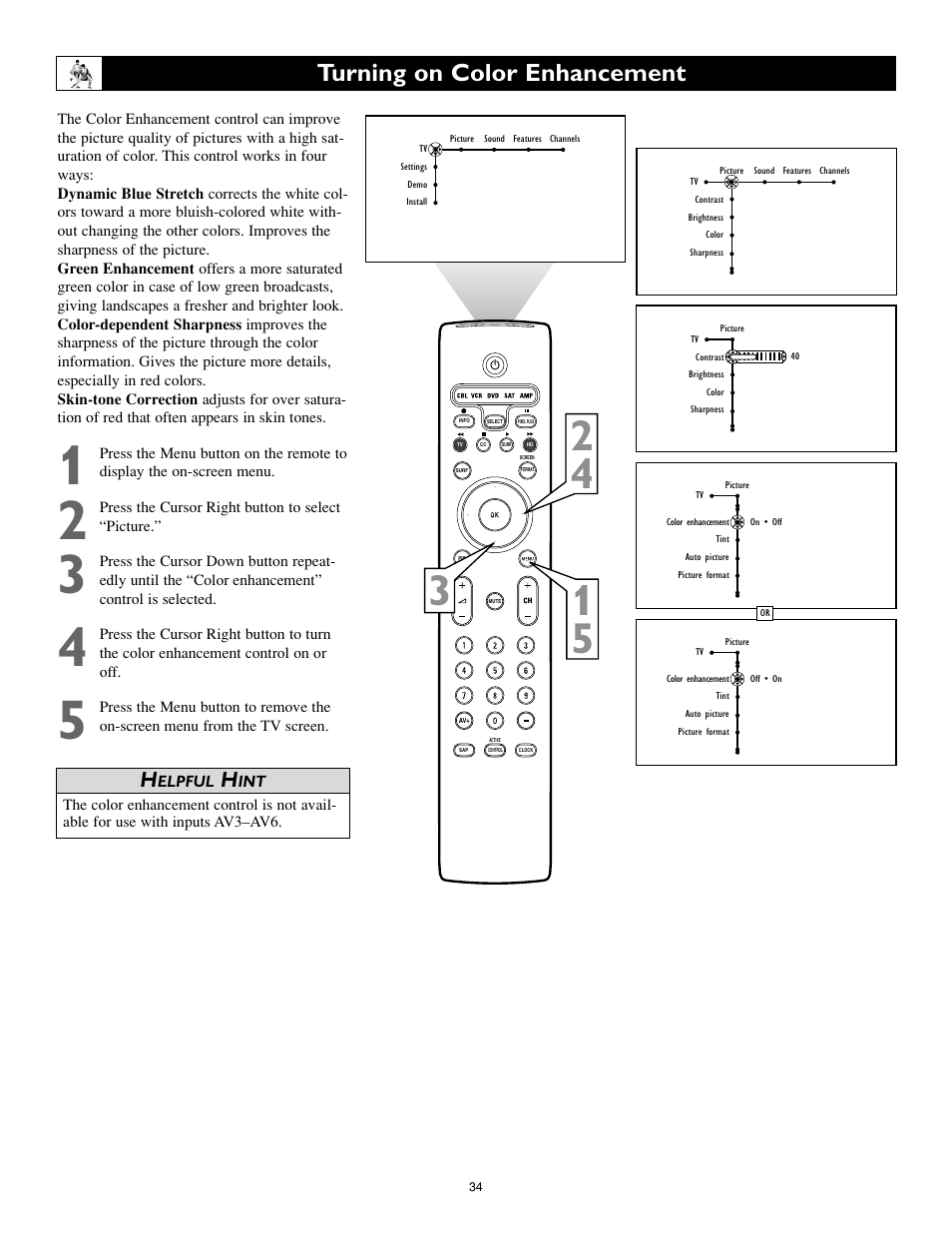 Turning on color enhancement | Philips 55PL9774-37B User Manual | Page 34 / 80