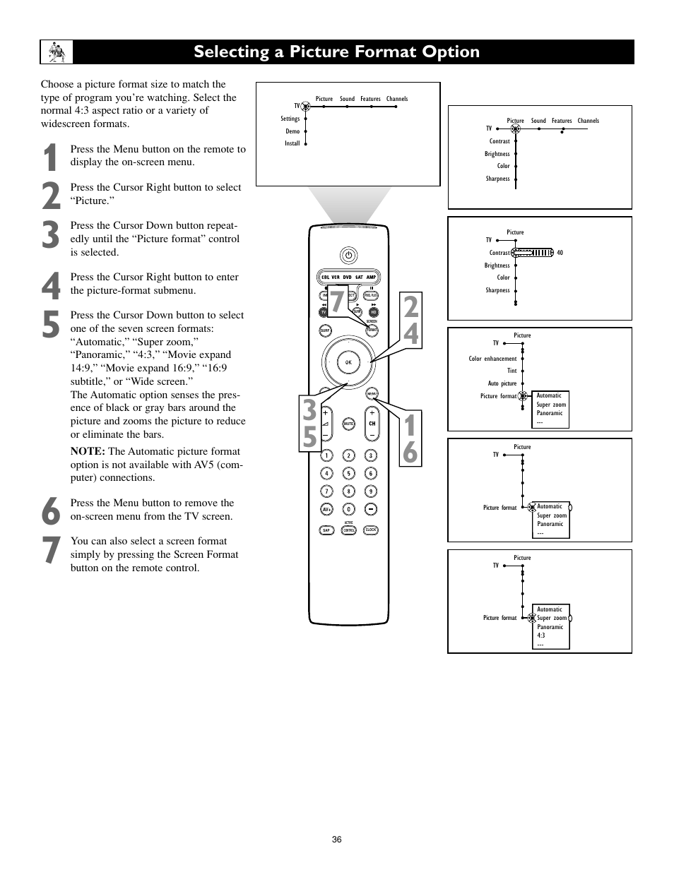 Selecting a picture format option | Philips 55PL9774-37B User Manual | Page 36 / 80