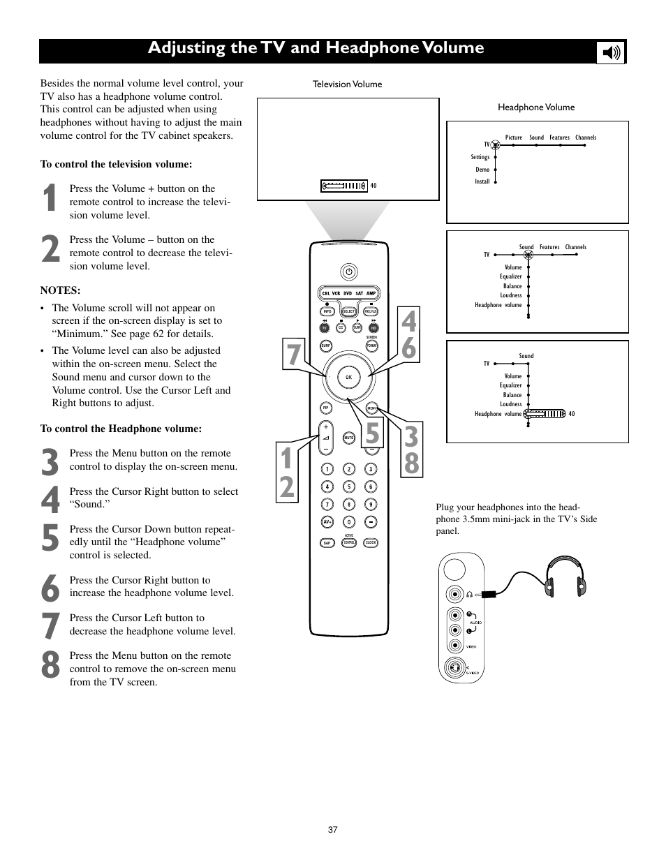 Adjusting the tv and headphone volume | Philips 55PL9774-37B User Manual | Page 37 / 80