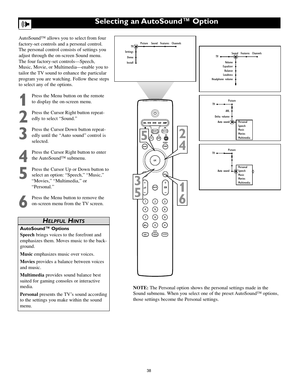 Selecting an autosound™ option | Philips 55PL9774-37B User Manual | Page 38 / 80