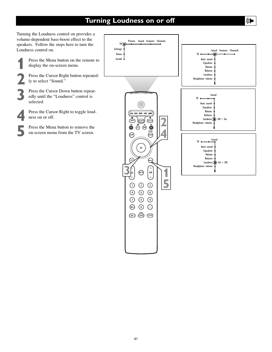 Turning loudness on or off | Philips 55PL9774-37B User Manual | Page 41 / 80