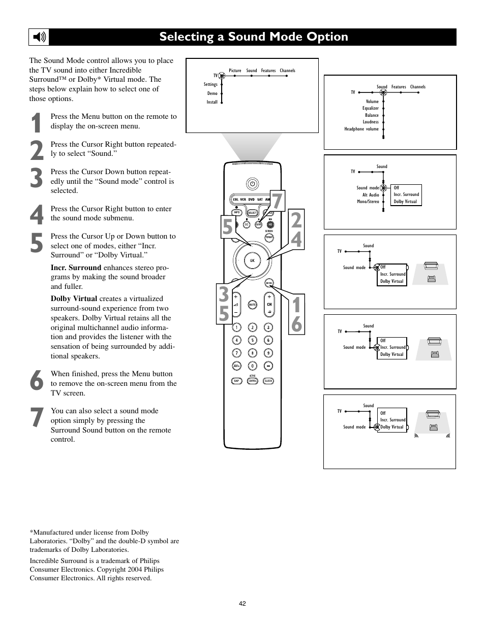 Selecting a sound mode option | Philips 55PL9774-37B User Manual | Page 42 / 80