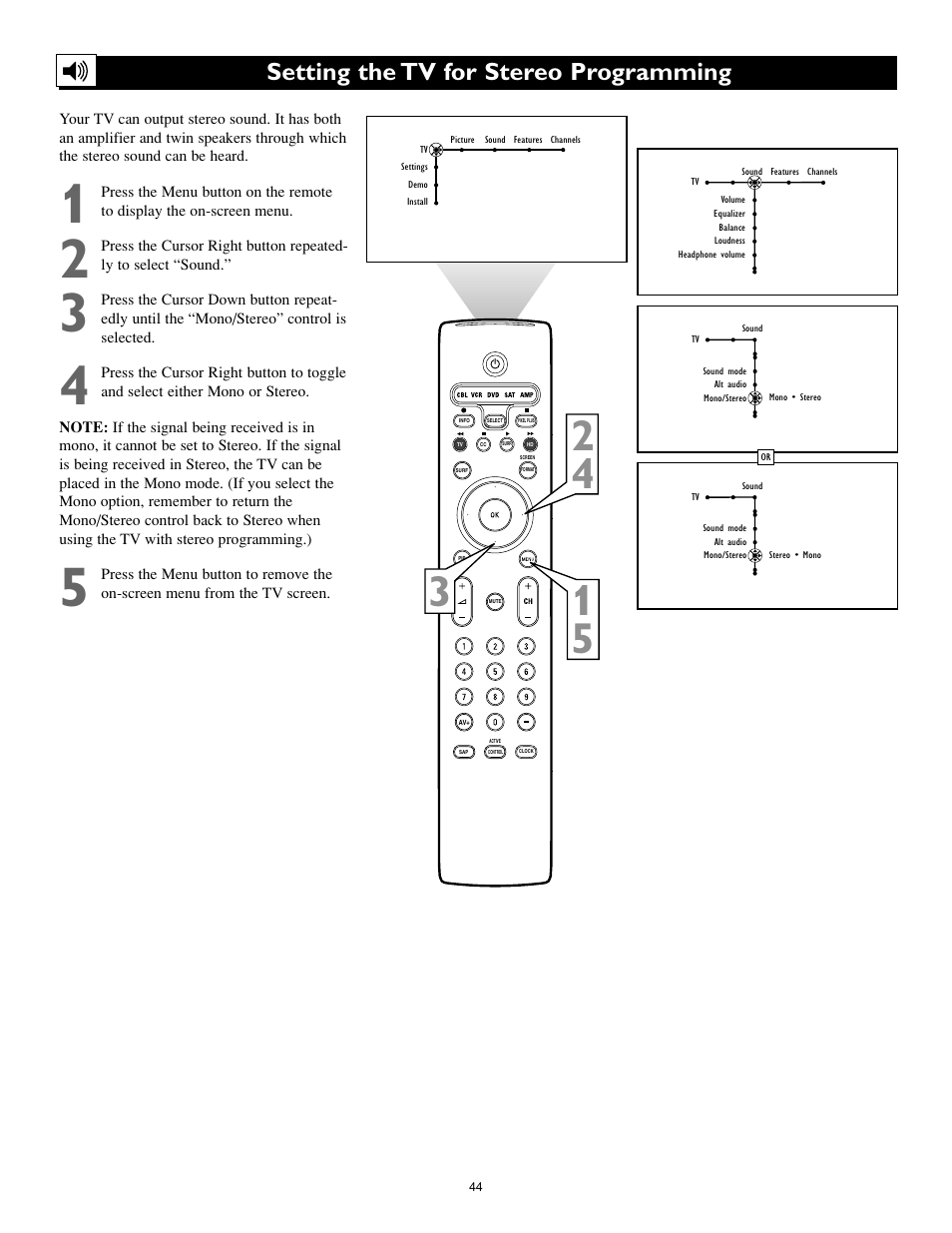 Setting the tv for stereo programming | Philips 55PL9774-37B User Manual | Page 44 / 80