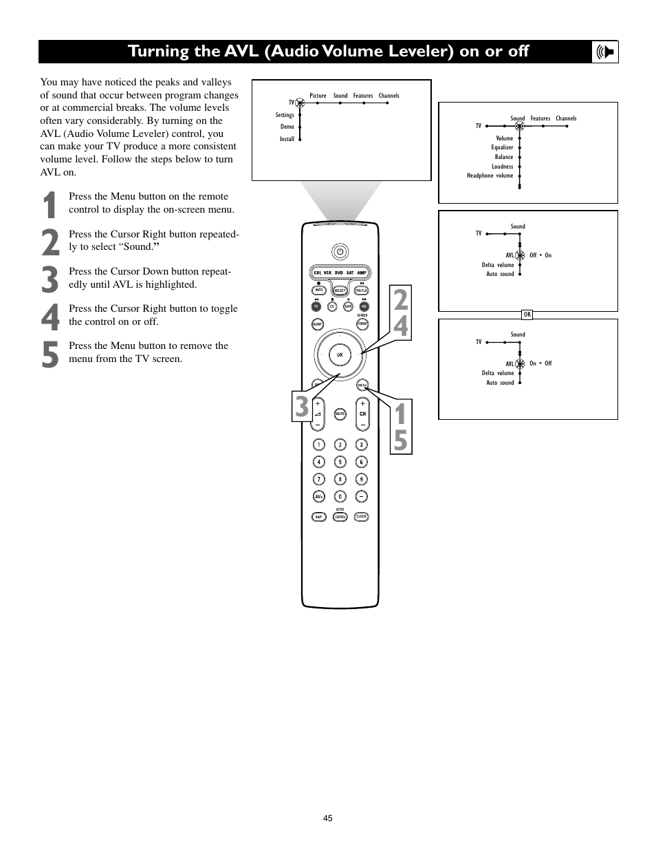 Turning the avl (audio volume leveler) on or off | Philips 55PL9774-37B User Manual | Page 45 / 80