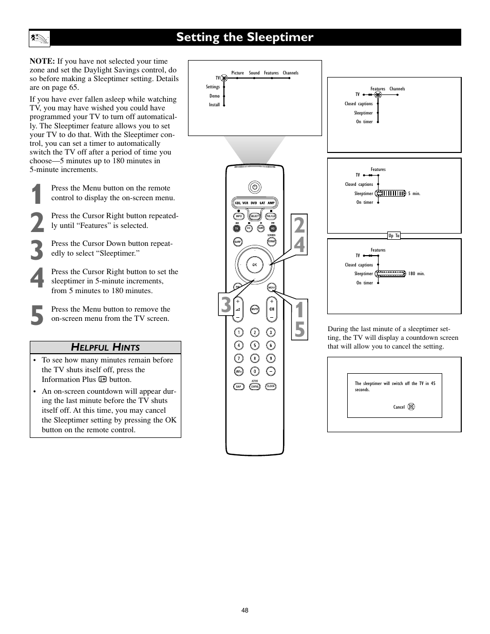 Setting the sleeptimer | Philips 55PL9774-37B User Manual | Page 48 / 80