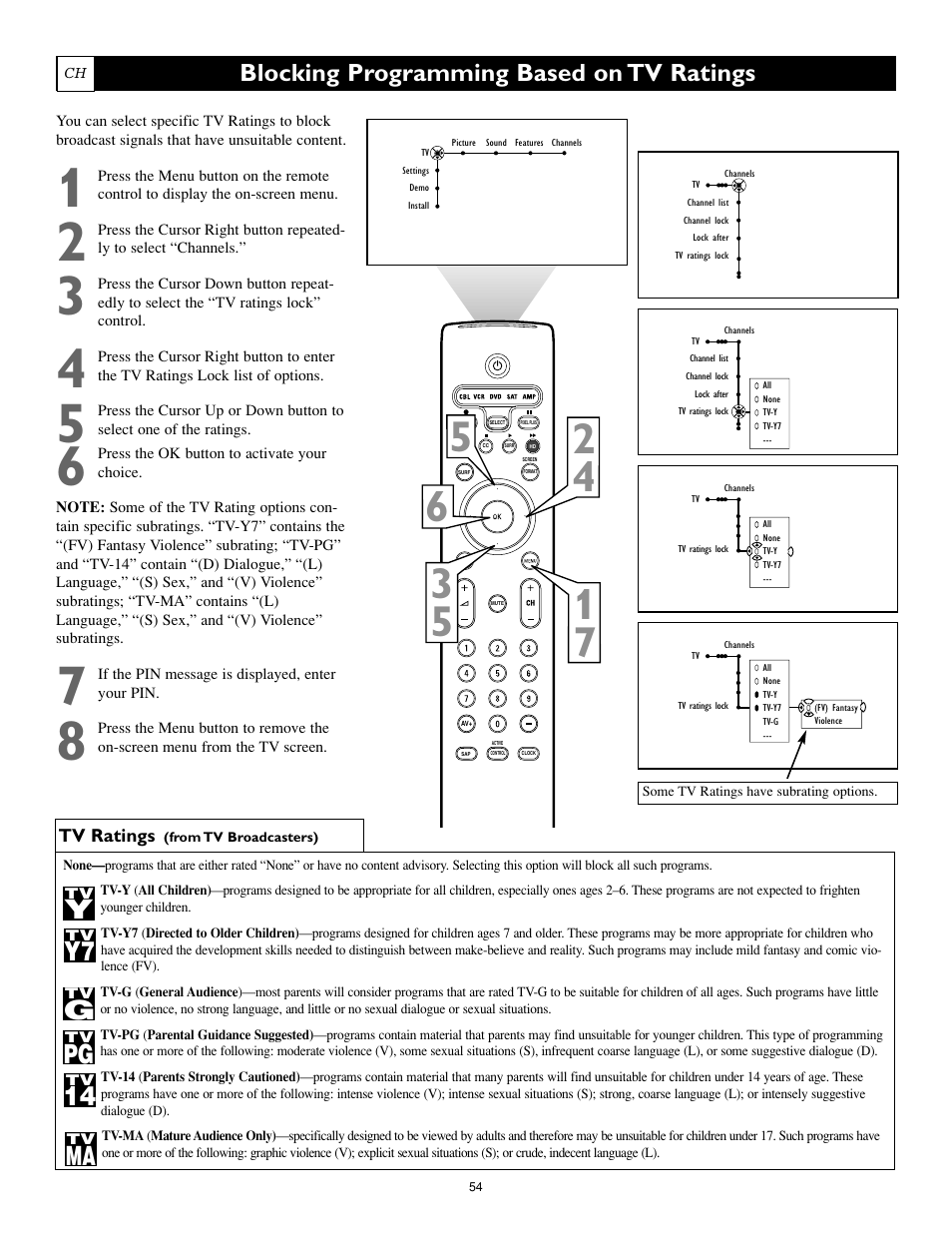 Blocking programming based on tv ratings | Philips 55PL9774-37B User Manual | Page 54 / 80