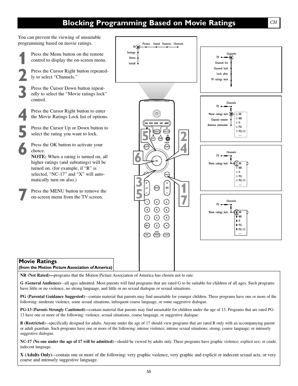 Blocking programming based on movie ratings | Philips 55PL9774-37B User Manual | Page 55 / 80