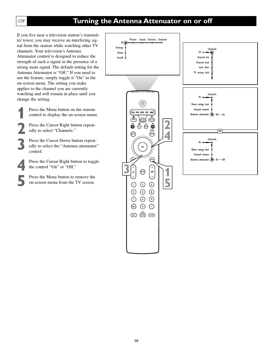 Turning the antenna attenuator on or off | Philips 55PL9774-37B User Manual | Page 56 / 80