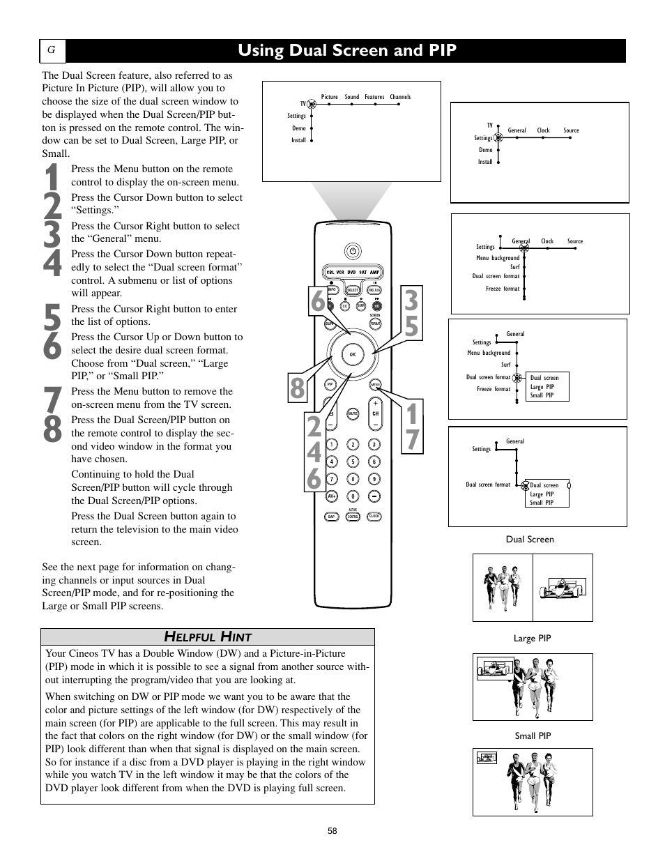 Using dual screen and pip | Philips 55PL9774-37B User Manual | Page 58 / 80