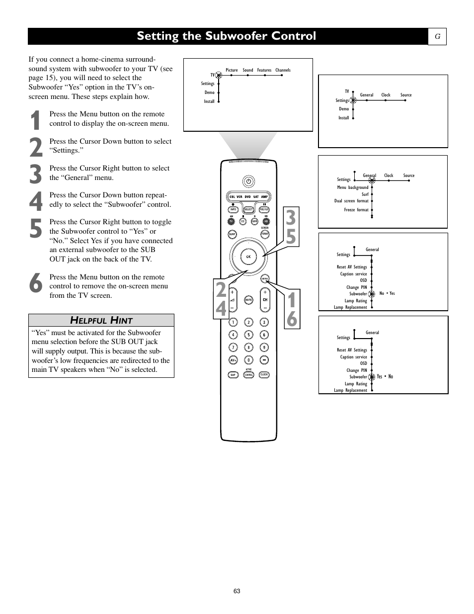 Setting the subwoofer control | Philips 55PL9774-37B User Manual | Page 63 / 80