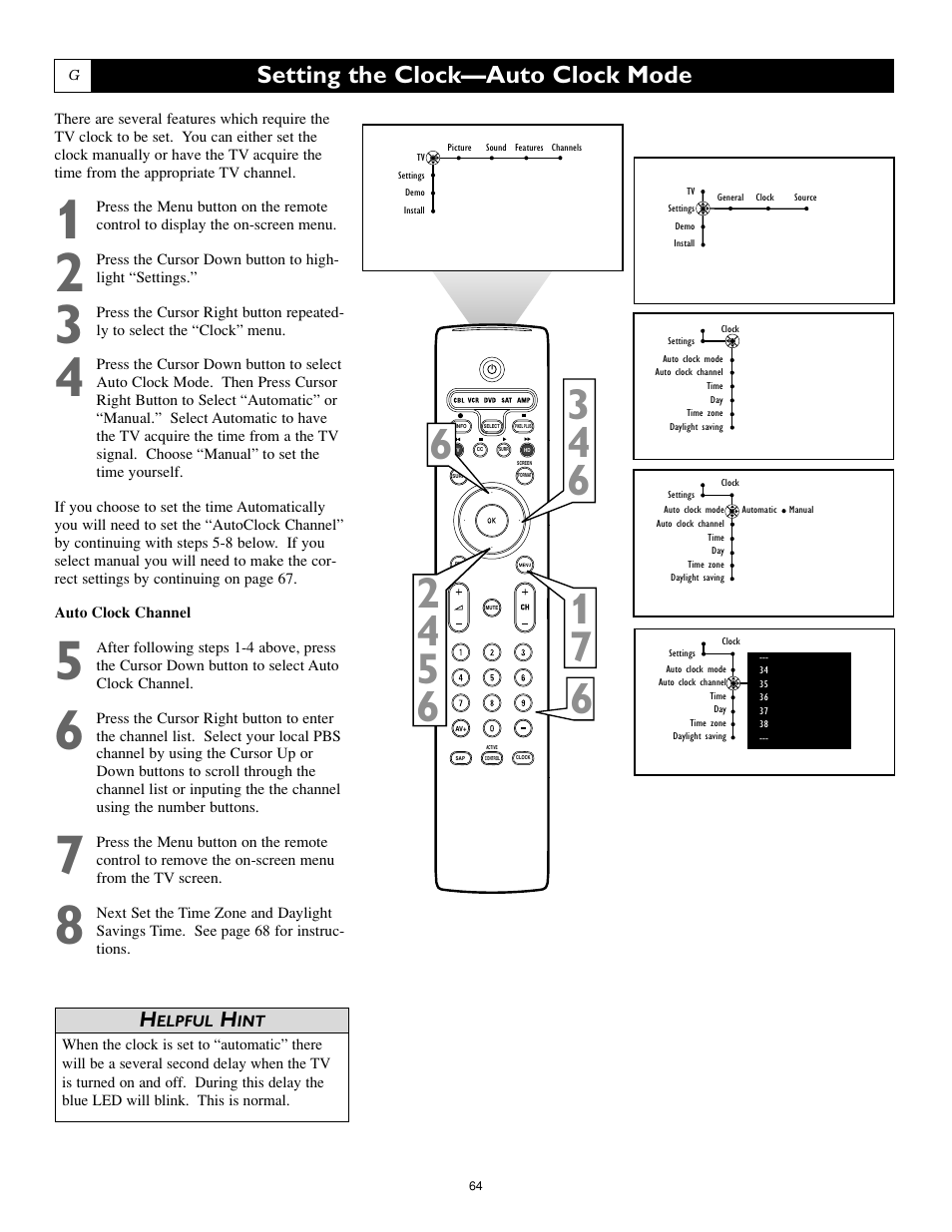 Setting the clock—auto clock mode | Philips 55PL9774-37B User Manual | Page 64 / 80