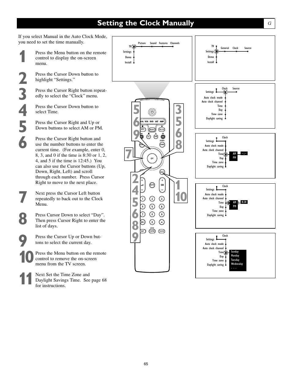 Setting the clock manually | Philips 55PL9774-37B User Manual | Page 65 / 80