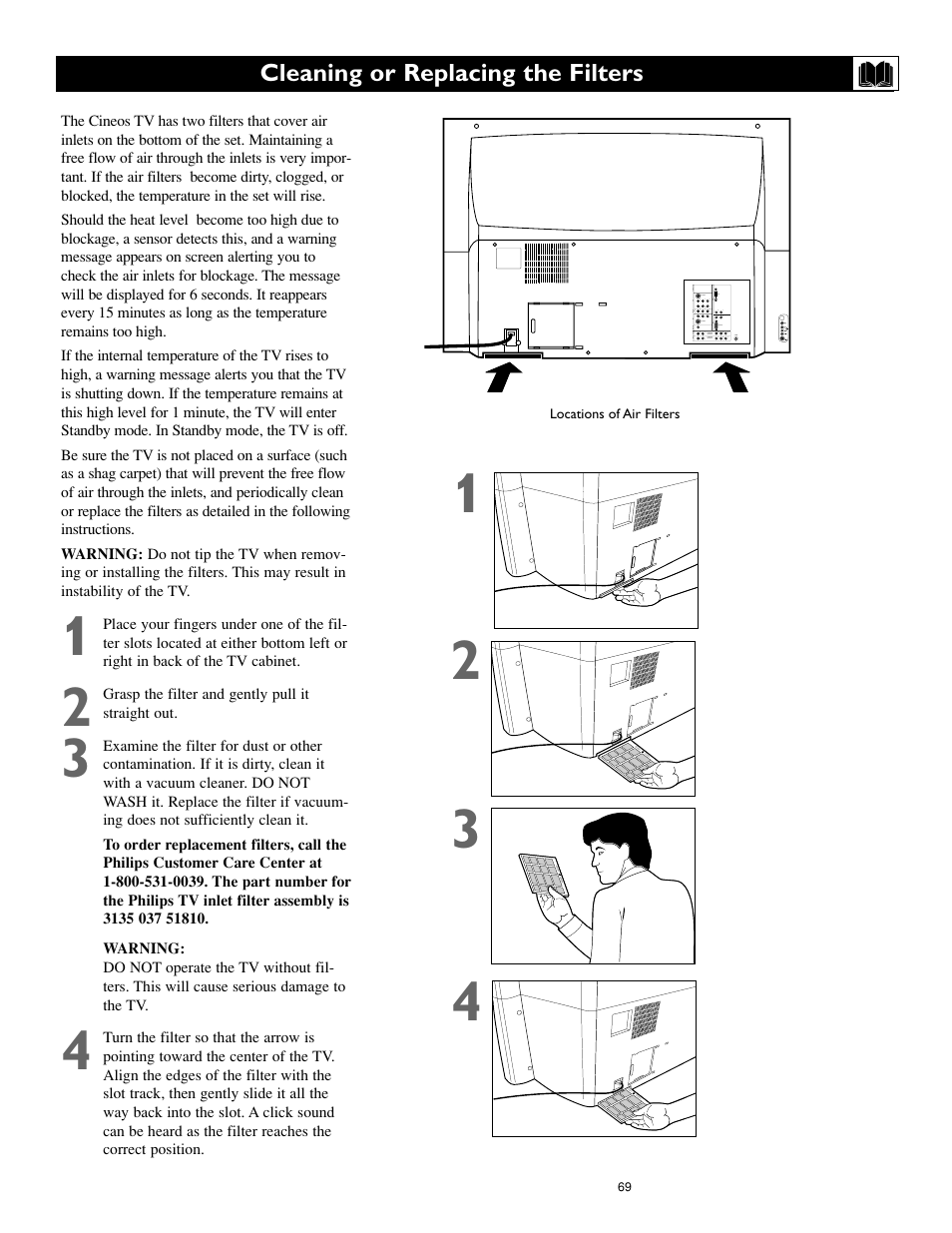 Cleaning or replacing the filters | Philips 55PL9774-37B User Manual | Page 69 / 80