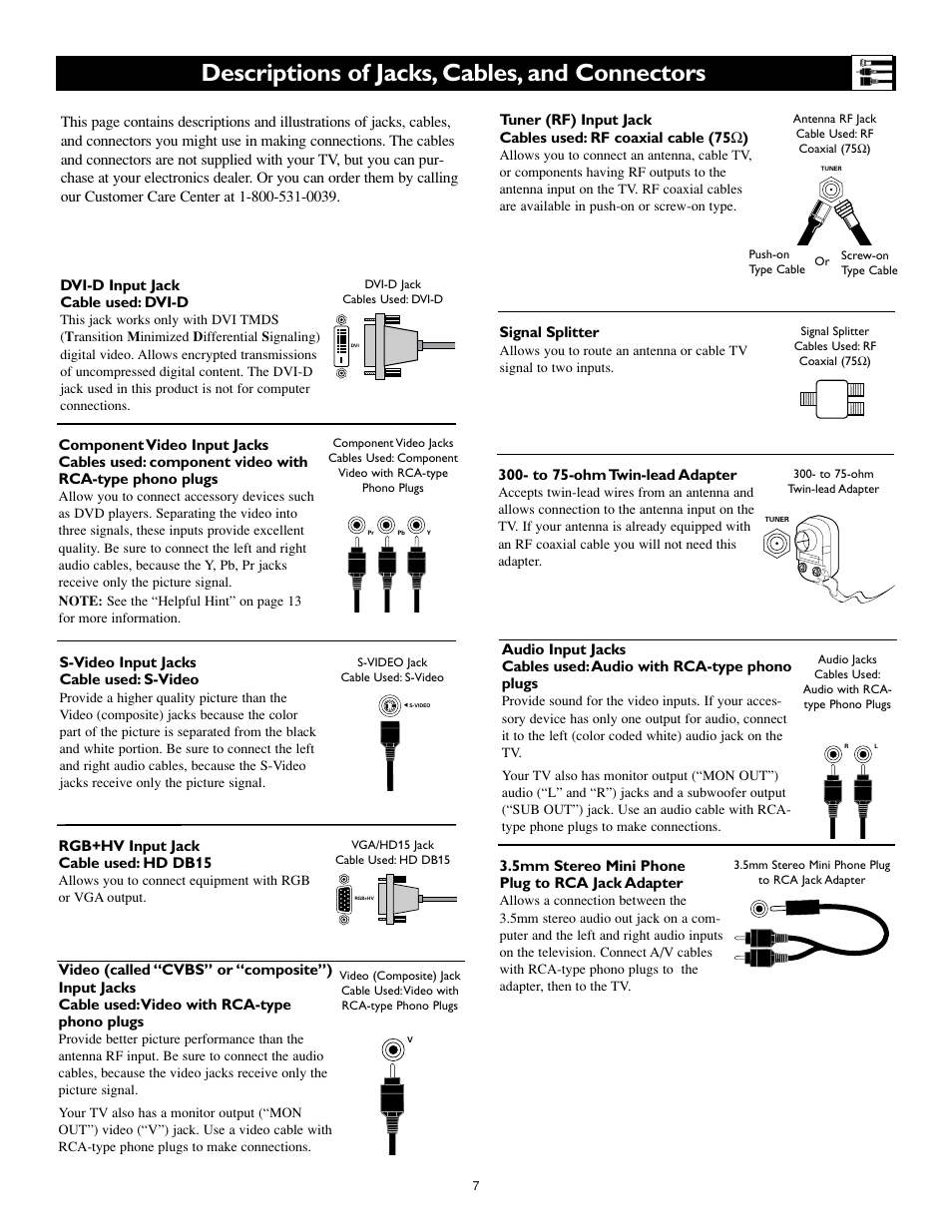 Descriptions of jacks, cables, and connectors | Philips 55PL9774-37B User Manual | Page 7 / 80