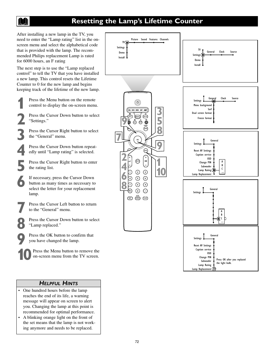 Resetting the lamp’s lifetime counter | Philips 55PL9774-37B User Manual | Page 72 / 80