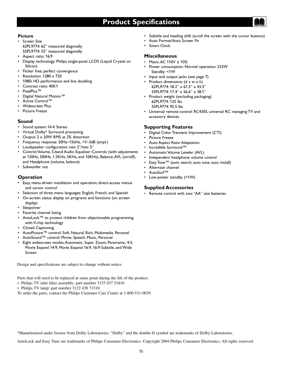 Product specifications | Philips 55PL9774-37B User Manual | Page 75 / 80