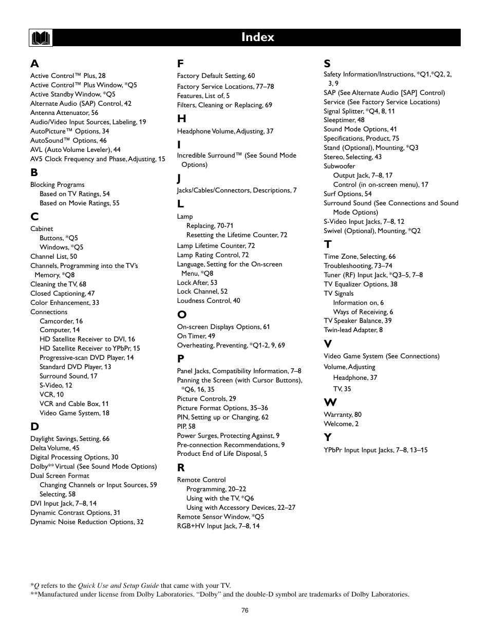 Index | Philips 55PL9774-37B User Manual | Page 76 / 80