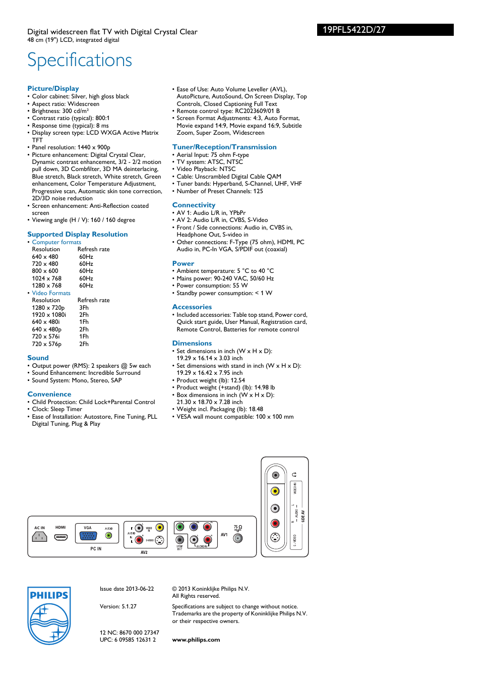 Specifications | Philips 19PFL5422D-27E User Manual | Page 3 / 3