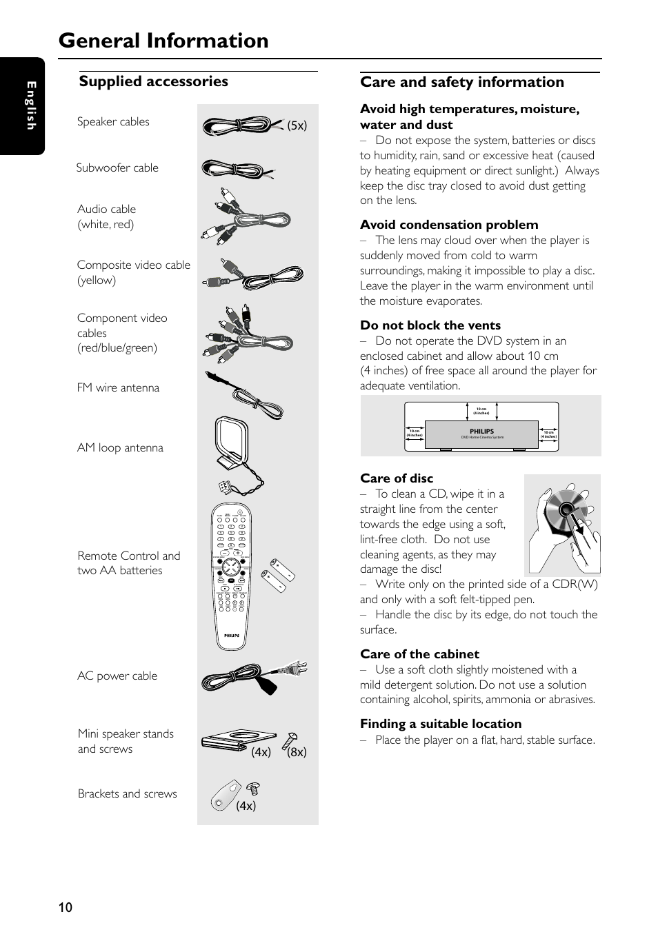 General information, Supplied accessories, Care and safety information | Avoid high temperatures, moisture, water and dust, Avoid condensation problem, Do not block the vents, Care of disc, Care of the cabinet, Finding a suitable location, 5x) (4x) | Philips MX5500D-99 User Manual | Page 12 / 50