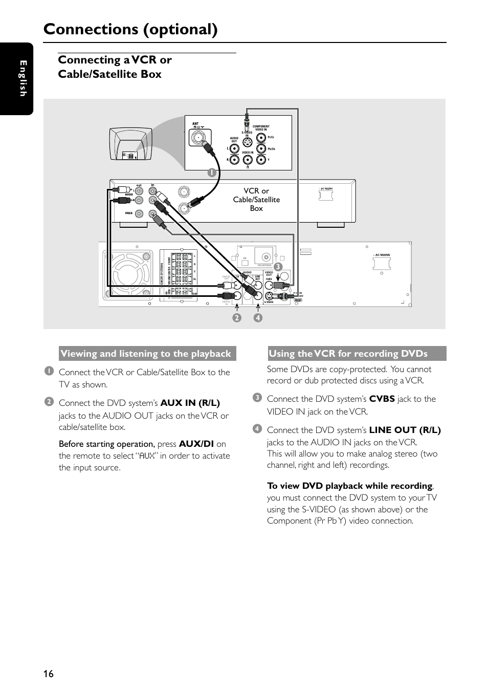 Connections (optional), Connecting a vcr or cable/satellite box, Viewing and listening to the playback | Using the vcr for recording dvds, English, Vcr or cable/satellite box | Philips MX5500D-99 User Manual | Page 18 / 50