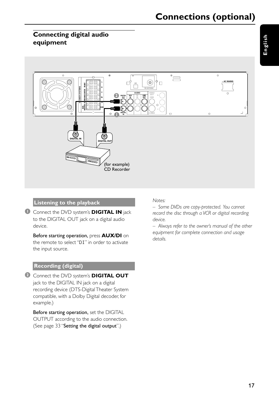 Connections (optional), Connecting digital audio equipment, Listening to the playback | Recording (digital), English, For example) cd recorder | Philips MX5500D-99 User Manual | Page 19 / 50