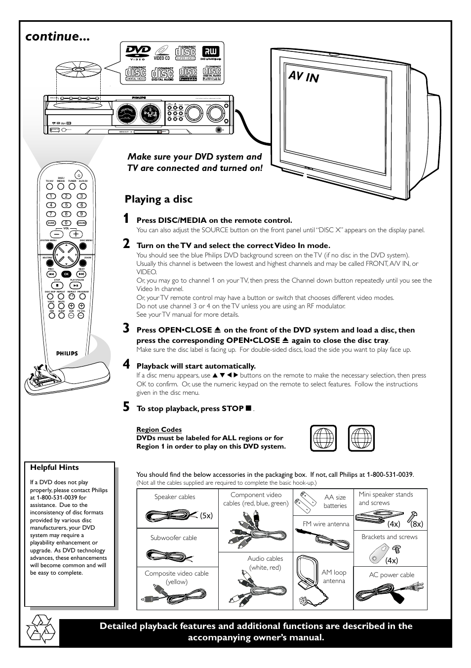 Continue, Av in, Playing a disc | 5x) (4x) (4x) (8x), Press disc/media on the remote control, Playback will start automatically, Helpful hints, Dvd video digital surround system, Dvd disc su r- r rig h t centre le ft sub su r-l | Philips MX5500D-99 User Manual | Page 2 / 50