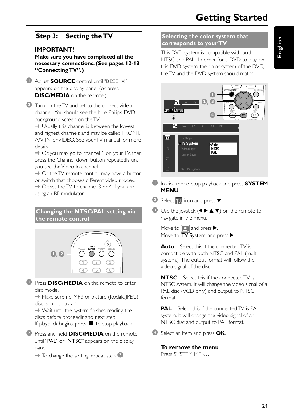 Getting started, Step 3: setting the tv | Philips MX5500D-99 User Manual | Page 23 / 50