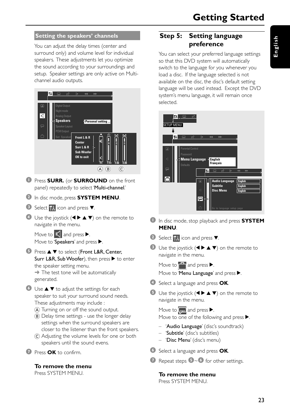 Getting started, Step 5: setting language preference | Philips MX5500D-99 User Manual | Page 25 / 50