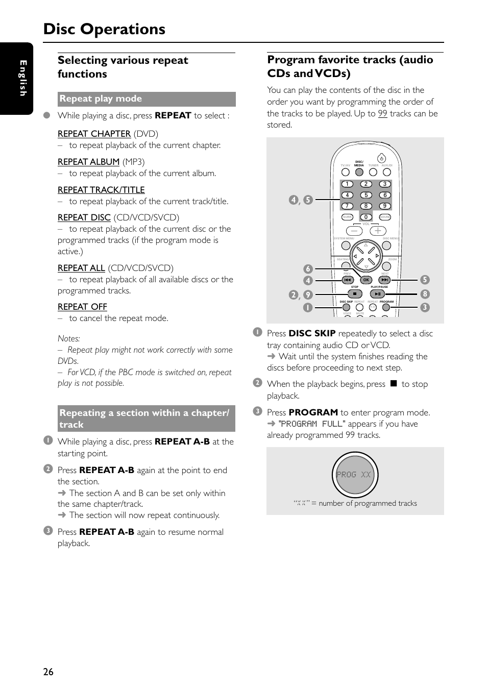 Disc operations, Selecting various repeat functions, Program favorite tracks (audio cds and vcds) | Repeat play mode, English, Press repeat a-b again to resume normal playback, When the playback begins, press ç to stop playback | Philips MX5500D-99 User Manual | Page 28 / 50