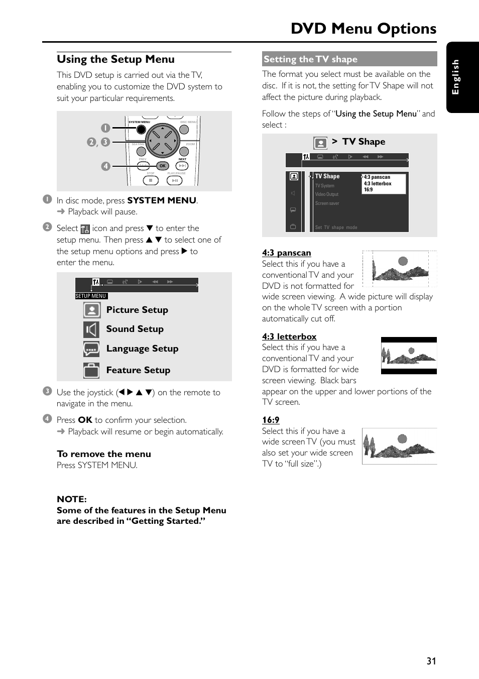 Dvd menu options, Using the setup menu | Philips MX5500D-99 User Manual | Page 33 / 50