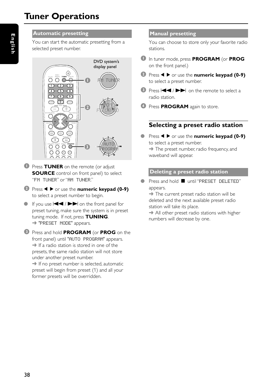 Tuner operations, Selecting a preset radio station, Automatic presetting | Manual presetting, Deleting a preset radio station, English, Press program again to store | Philips MX5500D-99 User Manual | Page 40 / 50
