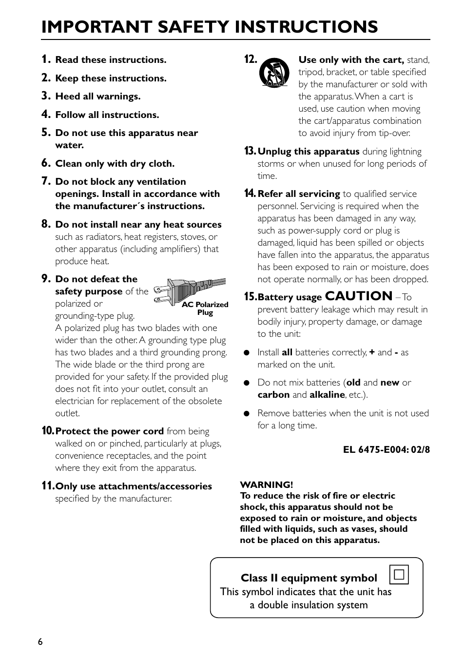 Important safety instructions, Caution | Philips MX5500D-99 User Manual | Page 8 / 50