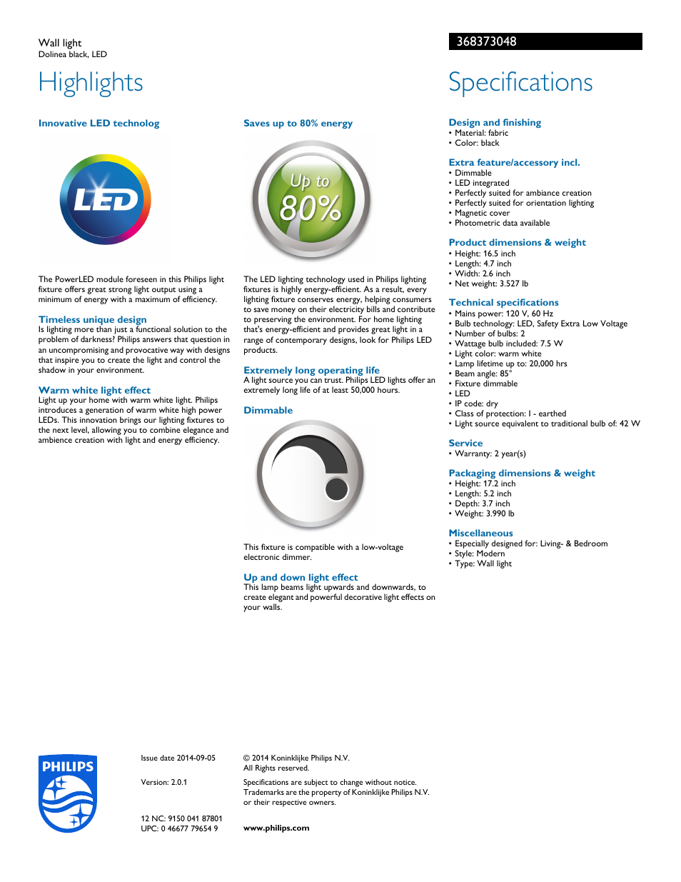 Highlights, Specifications | Philips 368373048 User Manual | Page 2 / 2