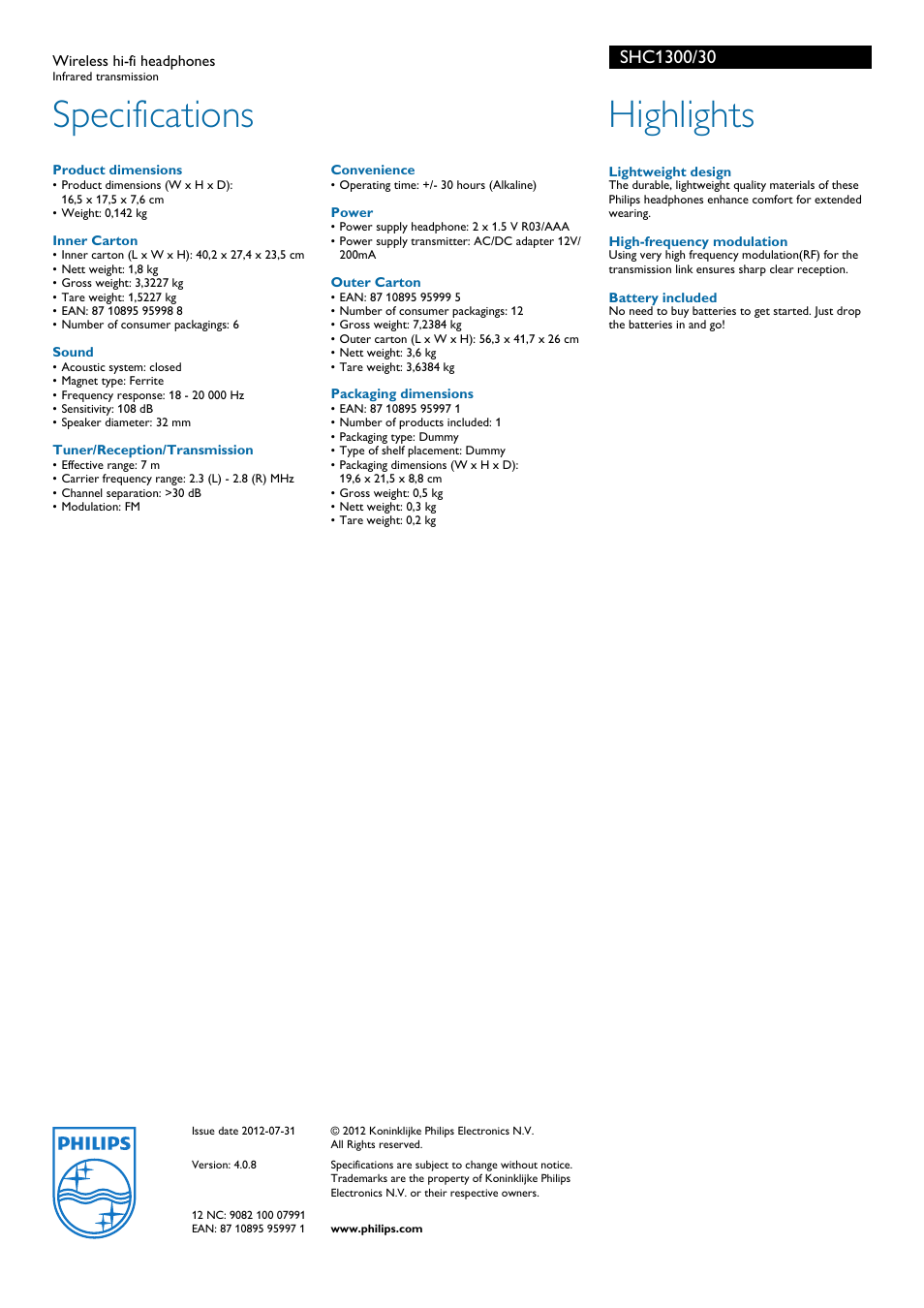Specifications, Highlights | Philips SHC1300-30 User Manual | Page 2 / 2