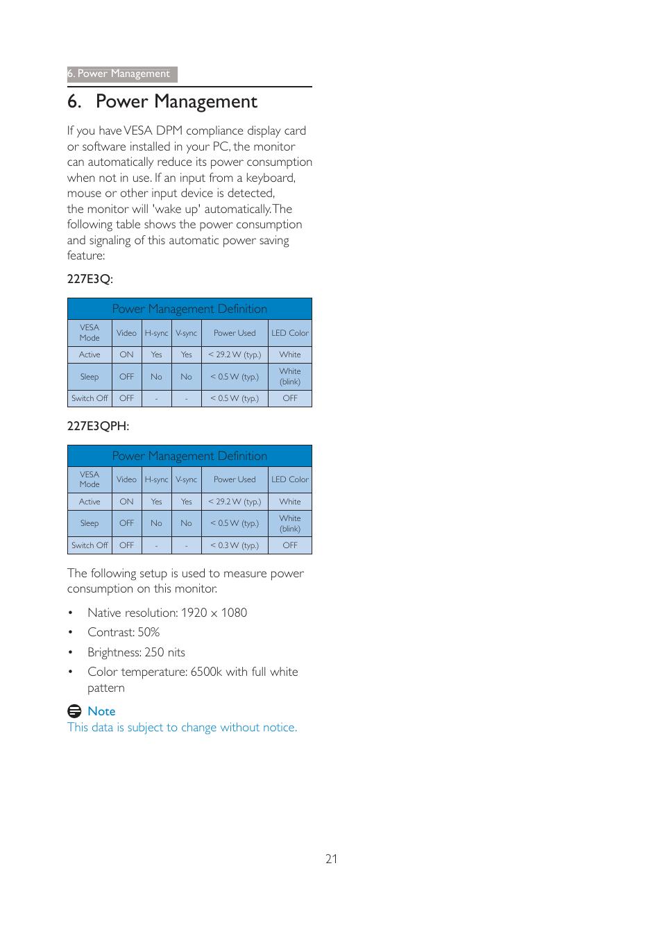 Power management, 227e3qph: power management definition | Philips 227E3QSU-00 User Manual | Page 23 / 41