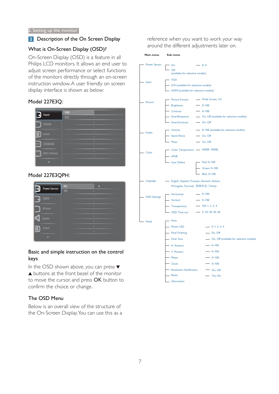 Model 227e3qph, Setting up the monitor | Philips 227E3QSU-00 User Manual | Page 9 / 41