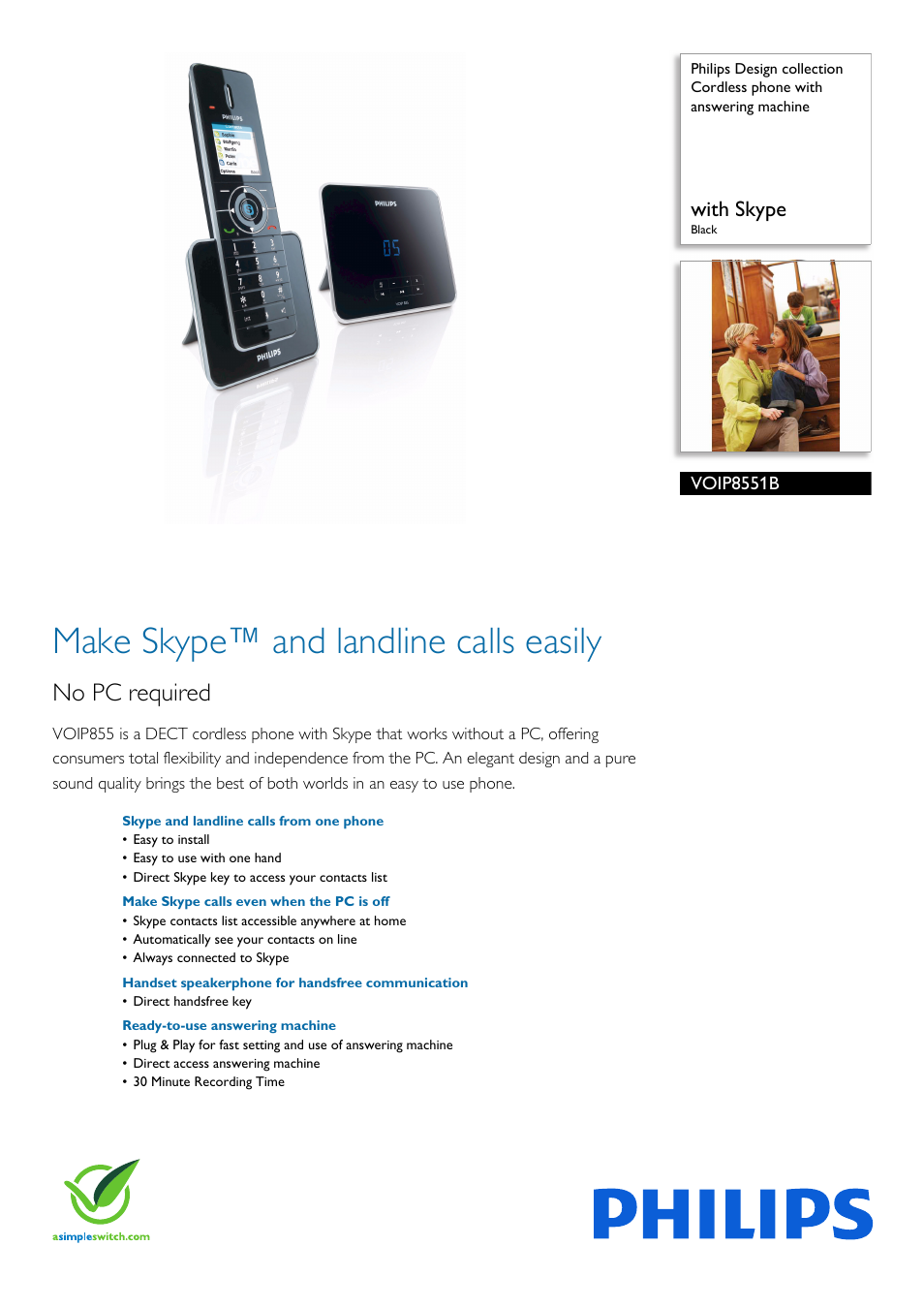 Philips Design collection Cordless phone with answering machine VOIP8551B with Skype Black User Manual | 2 pages