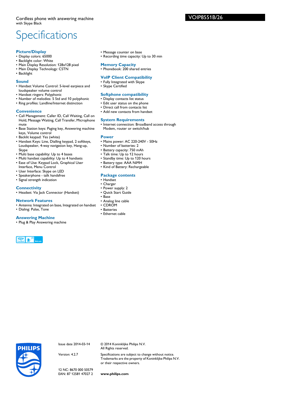 Specifications | Philips Design collection Cordless phone with answering machine VOIP8551B with Skype Black User Manual | Page 2 / 2