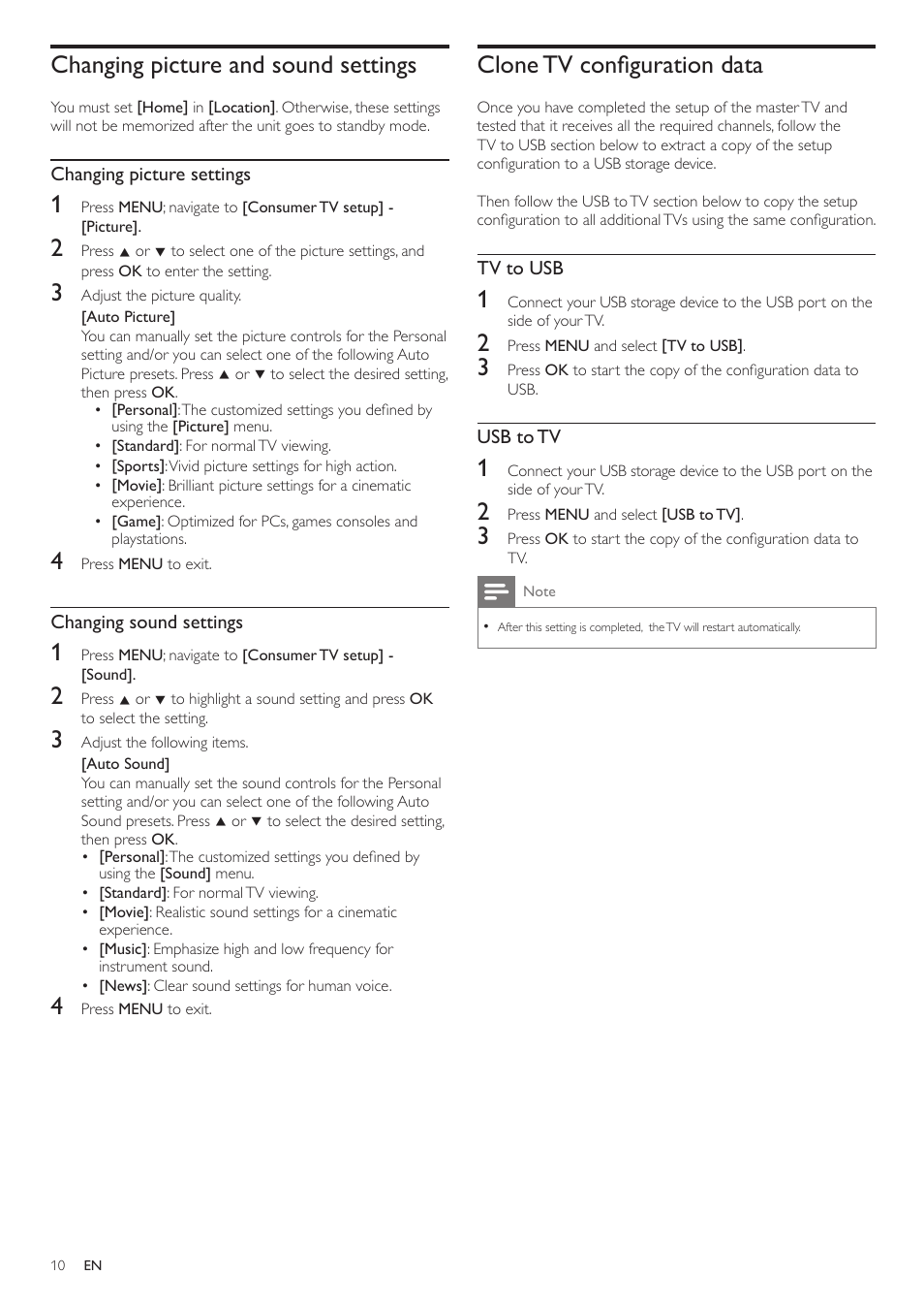 Changing picture and sound settings, Clone tv confi guration data | Philips 46HFL3683S-F7 User Manual | Page 10 / 12