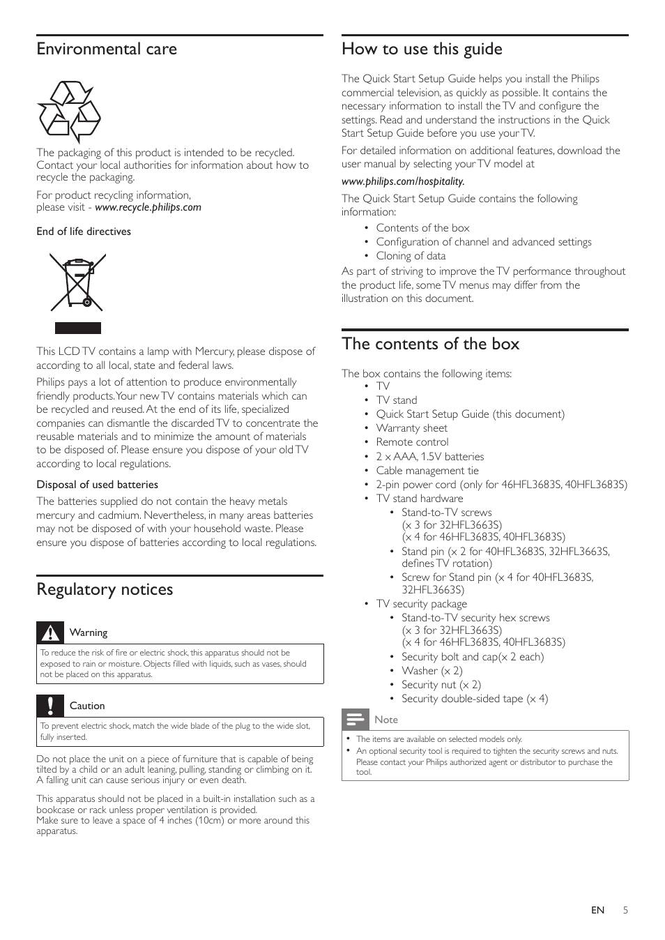 Environmental care, Regulatory notices, How to use this guide | The contents of the box | Philips 46HFL3683S-F7 User Manual | Page 5 / 12