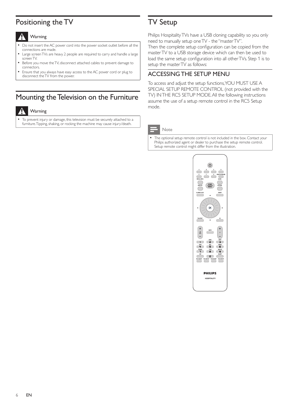 Positioning the tv, Mounting the television on the furniture, Tv setup | Accessing the setup menu, Warning | Philips 46HFL3683S-F7 User Manual | Page 6 / 12