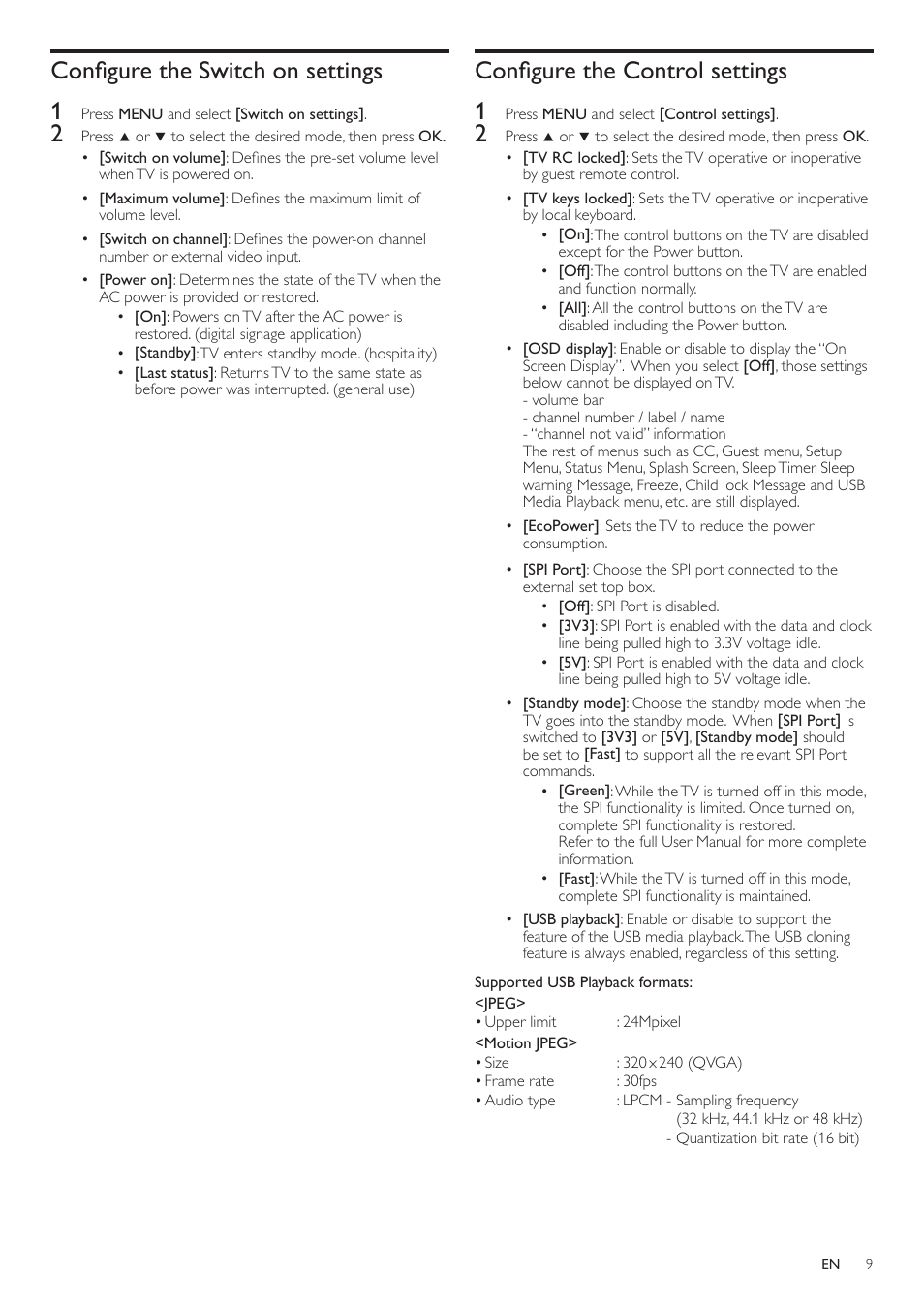 Confi gure the switch on settings, Confi gure the control settings, Confi gure the switch on settings 1 | Confi gure the control settings 1 | Philips 46HFL3683S-F7 User Manual | Page 9 / 12