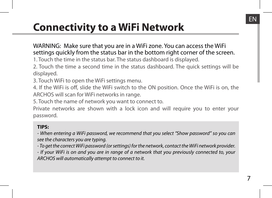 Connectivity to a wifi network | ARCHOS 101XS User Manual | Page 7 / 130